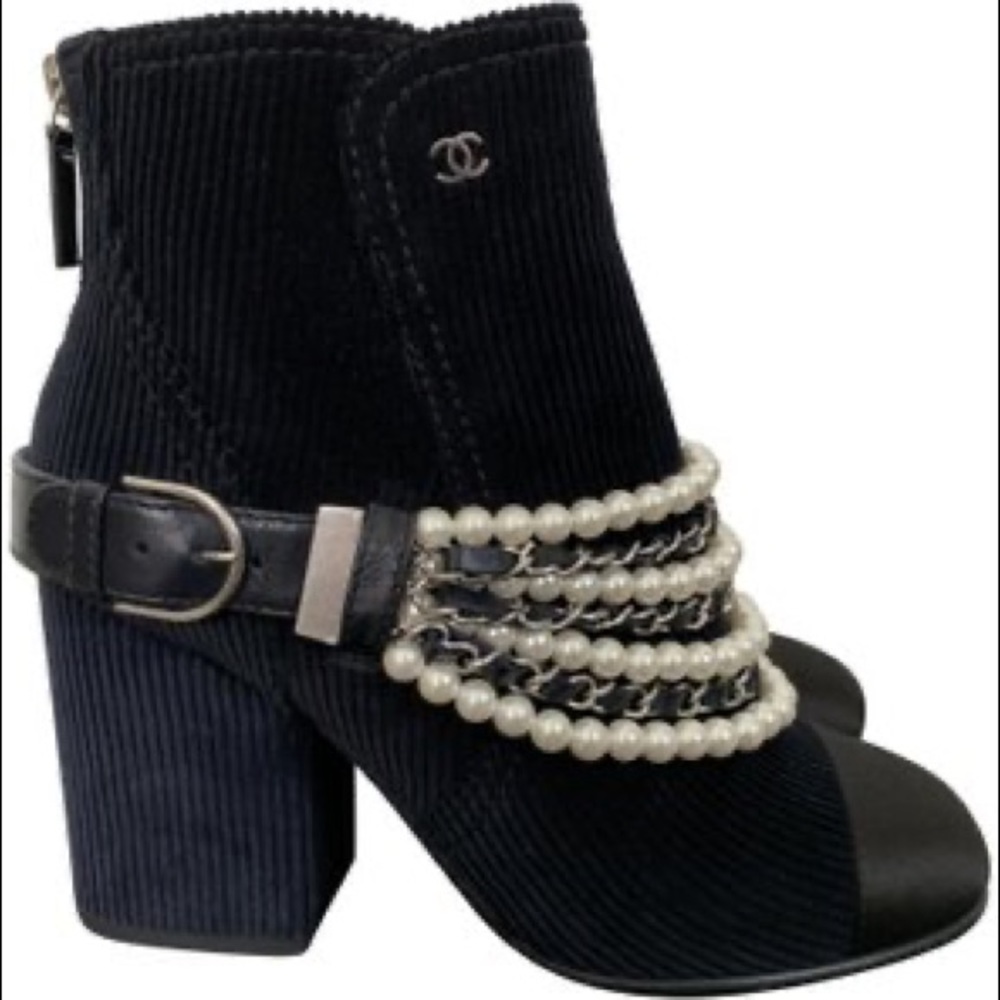Chanel CC Navy Corduroy Faux-Pearl Ankle Boots